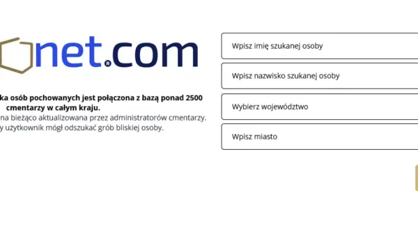 Logo Onet.com i pola do wyszukiwania osób na cmentarzu: imię, nazwisko, województwo, miasto.