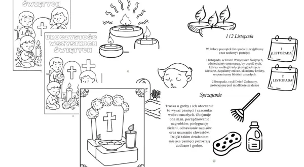 Ilustracje zniczy, dzieci modlących się i nagrobka na Święto Zmarłych.